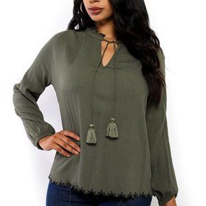 Long Sleeve Top with Tassel - Olive
